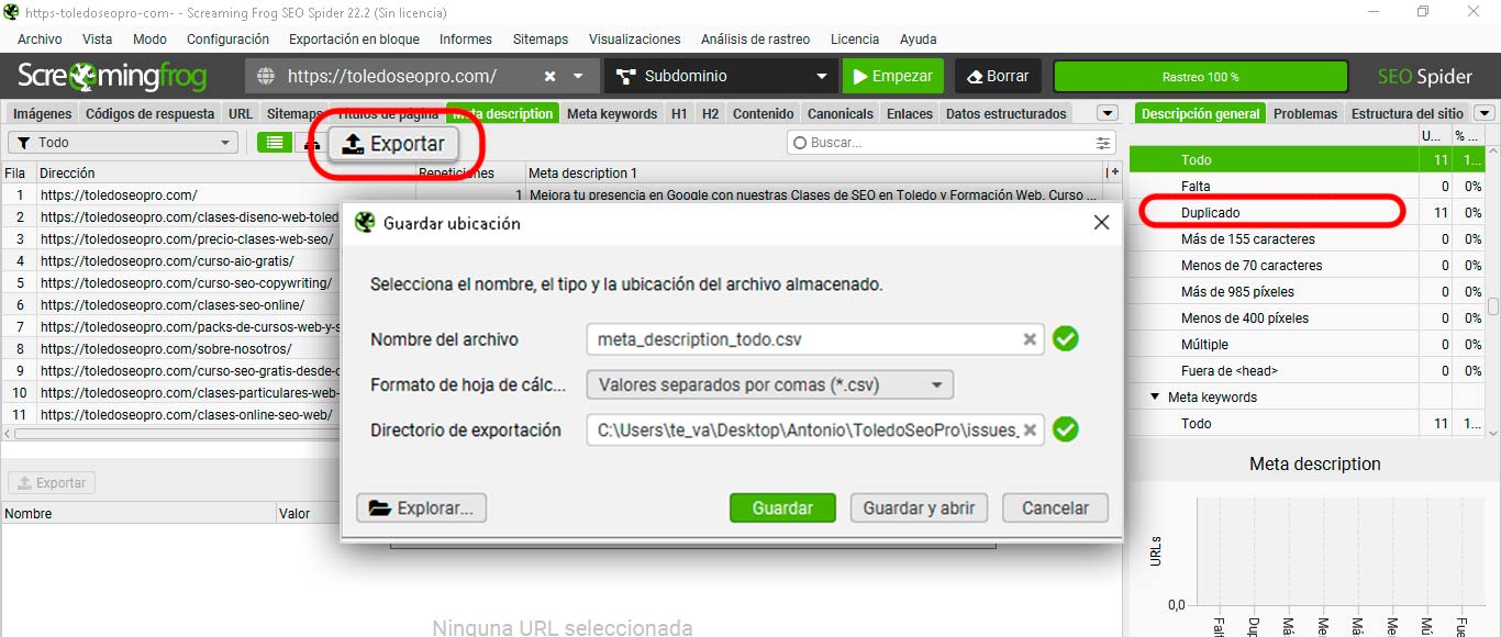 Screamingfrog-buscando-errores-descripciones Curso Gratis de ScreamngFrog, buscando metadescripciones erróneas. ToledoSEOpro.