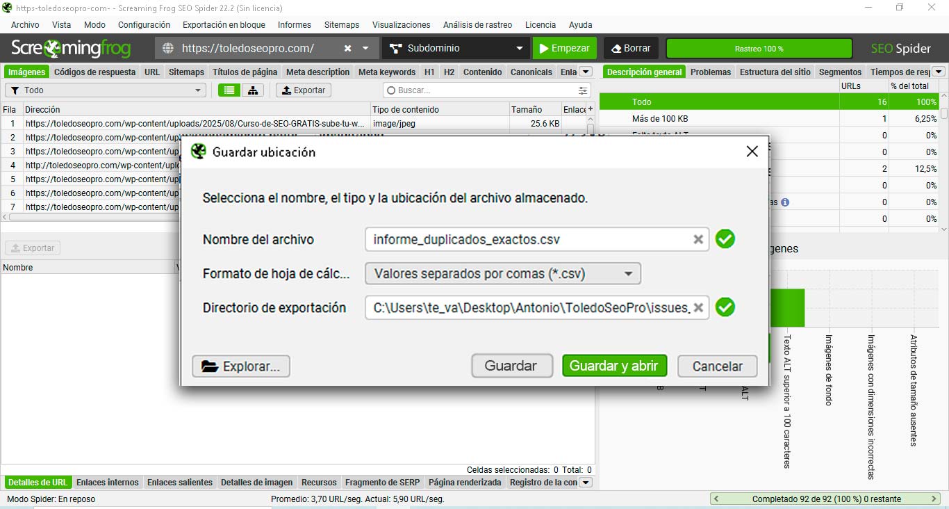 Screamingfrog-exportar-contenido-duplicado2 Screamingfrog Exportando informe de url´s con contenido duplicado. Curso Gratis ToledoSEOpro